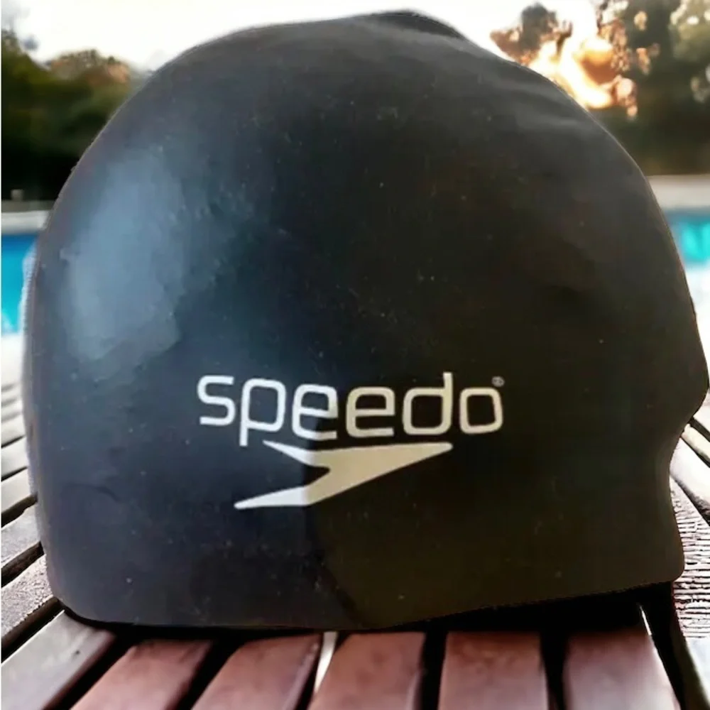 SPEEDO Vintage Swim Cap STRAPLESS Black Logo New Old Stock